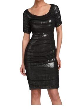 Tadashi Shoji Navy Blue Ruched Size 6 Dress, Silver Sequin, Cocktail Formal